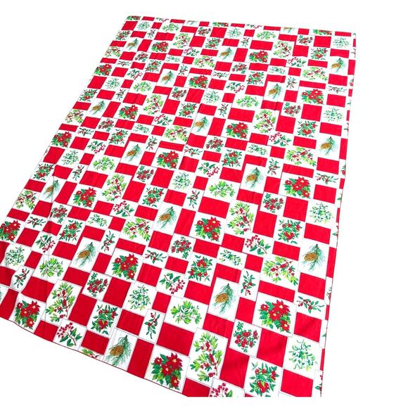 Christmas Holiday Tablecloth Rectangle Red Green White Poinsettia Pinecone Holly - Picture 3 of 5